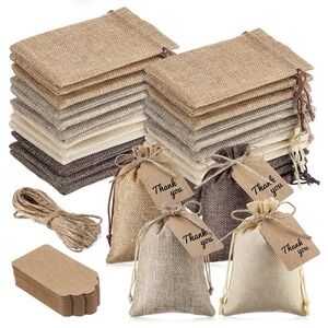 100 Pcs Burlap Gift Bags with 100 Pcs Kraft Paper Gift Tags Drawstring Favor
